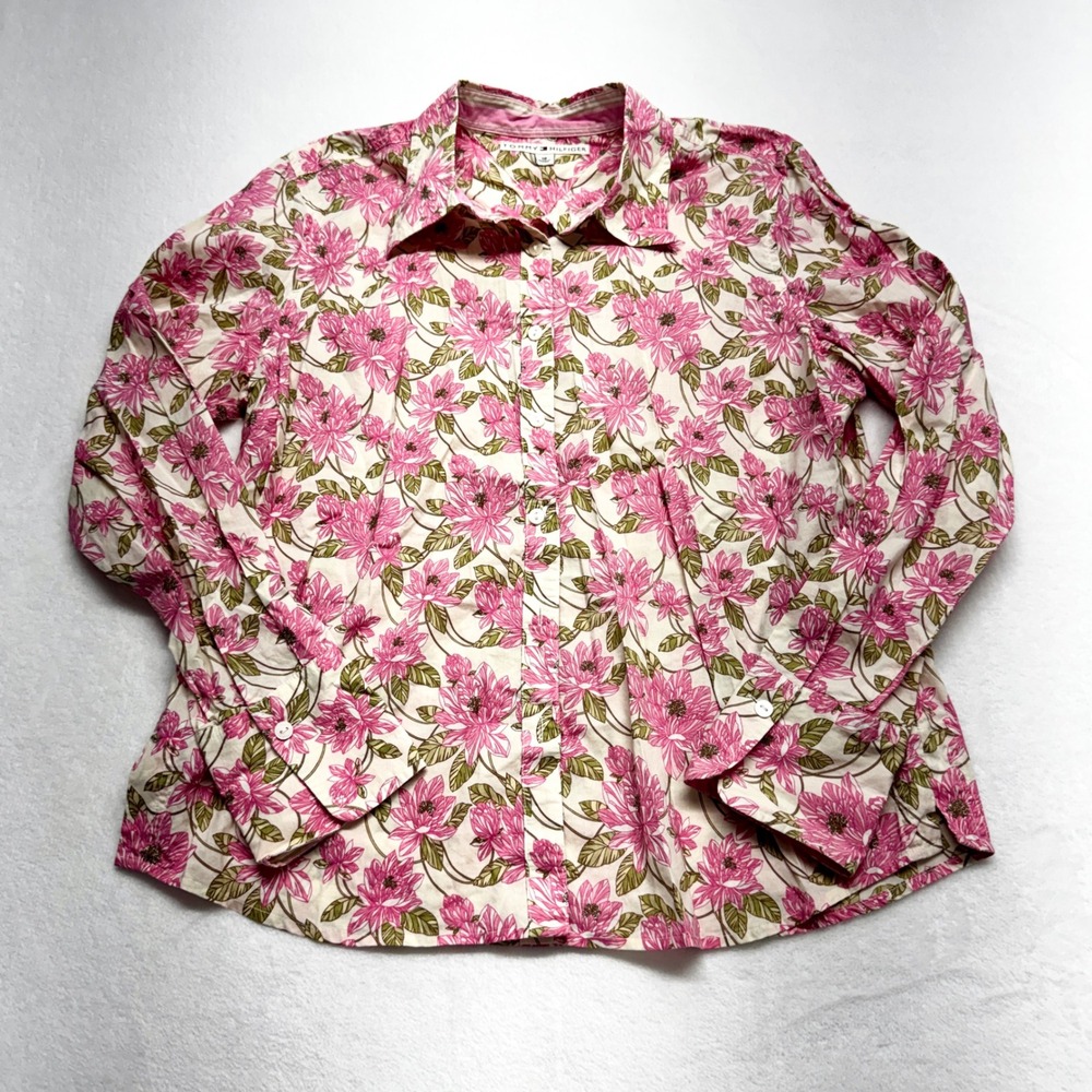 Tommy Hilfiger Floral Button Down Womens Size 12 Pink Long Sleeve Cotton‎ Blouse